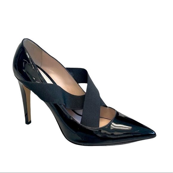 ERIKA CAVALLINI Italy Black Patent Leather Pointy Toe Heels Pumps Cross Strap 38 - Picture 1 of 11